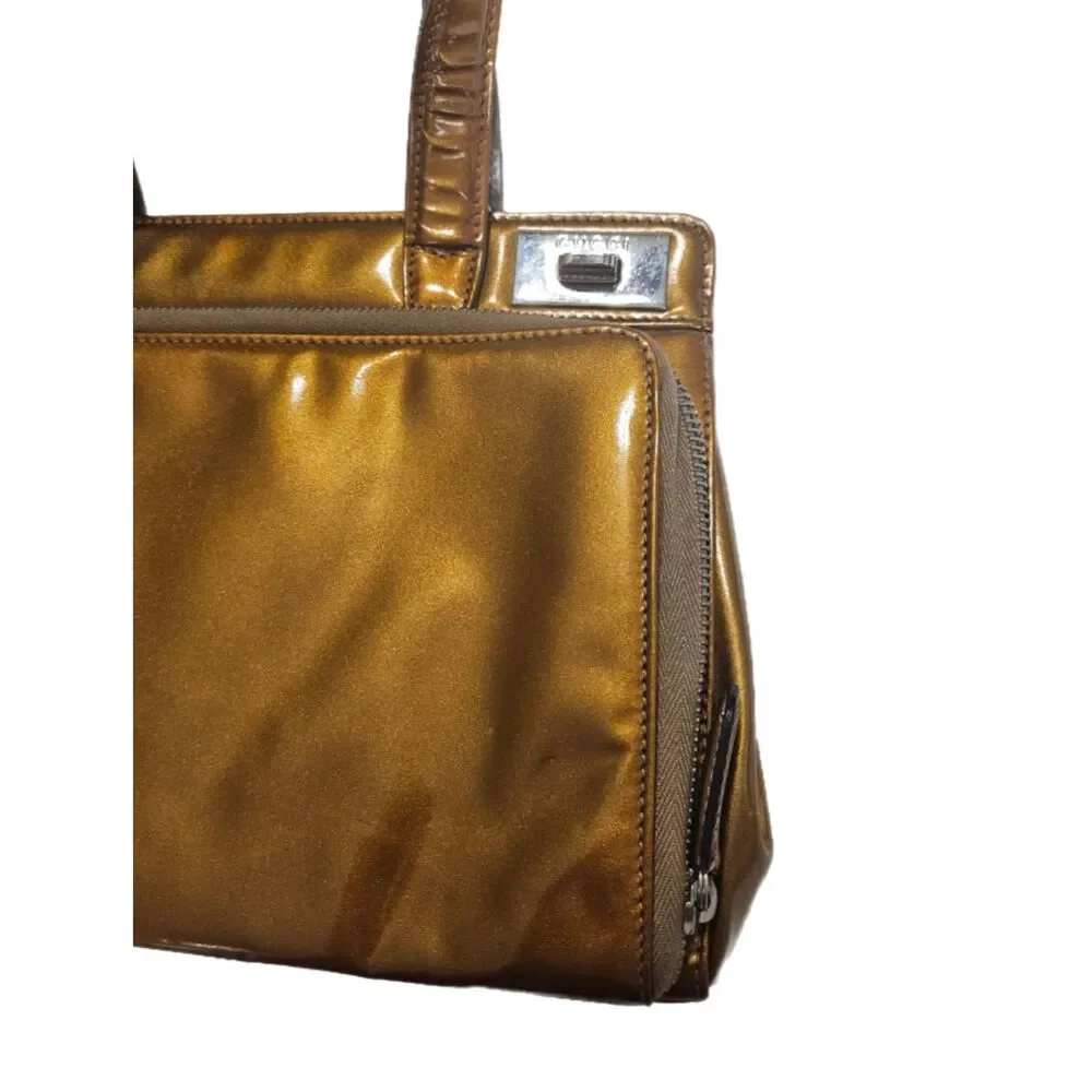 Gucci Gold Patent Leather Satchel Convertible Top Handle Crossbody Bag Y2K EUC